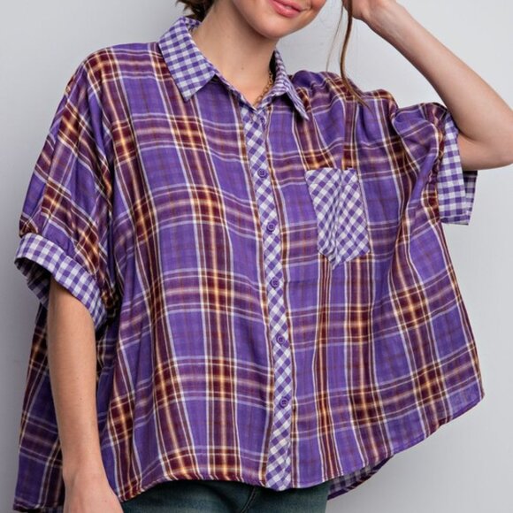 Easel Purple Plaid Oversized Button Down Top NWT M - Picture 2 of 10